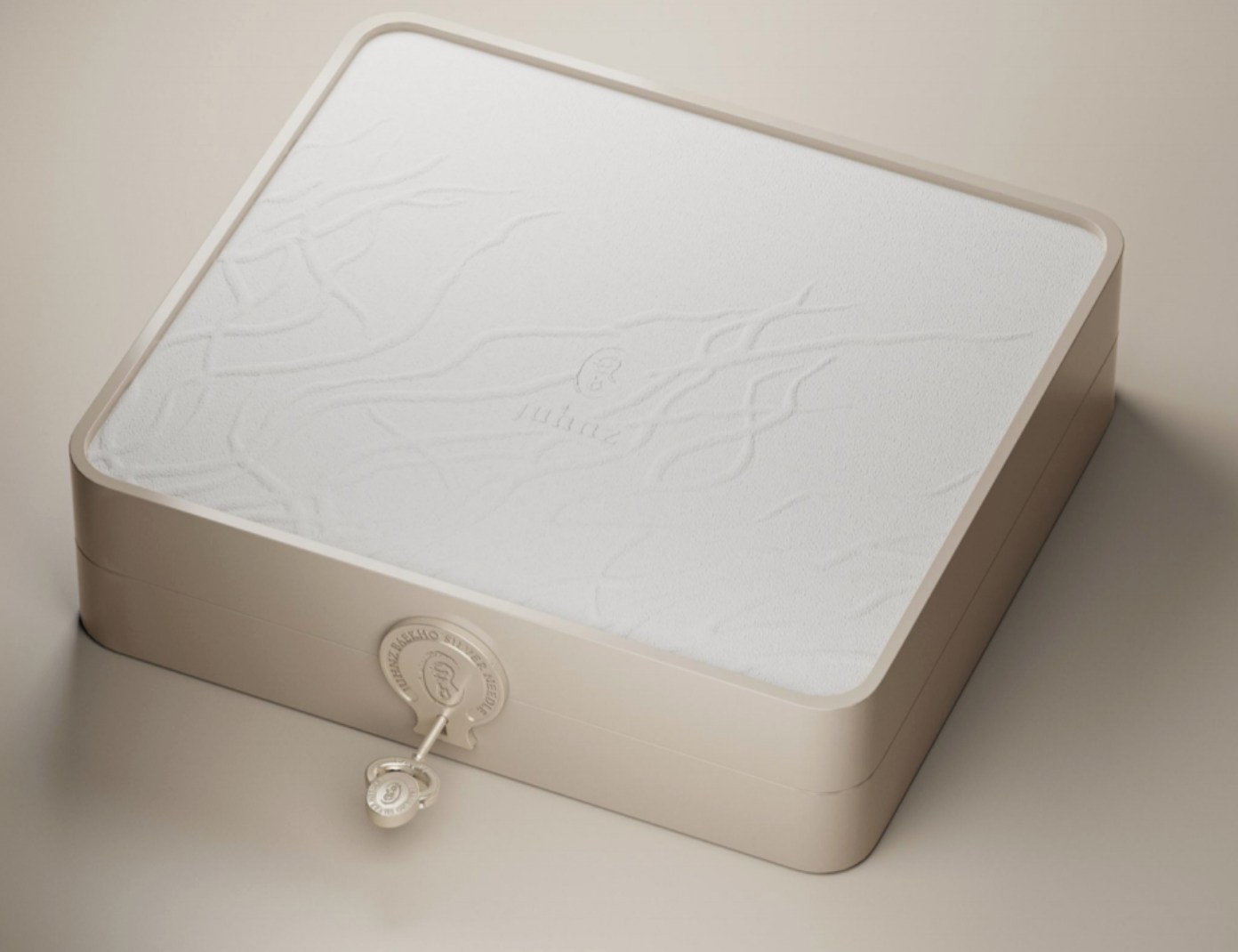 The JUHNZ White Tea Ritual Box, with a sculpted white lid and pale stone-colored case